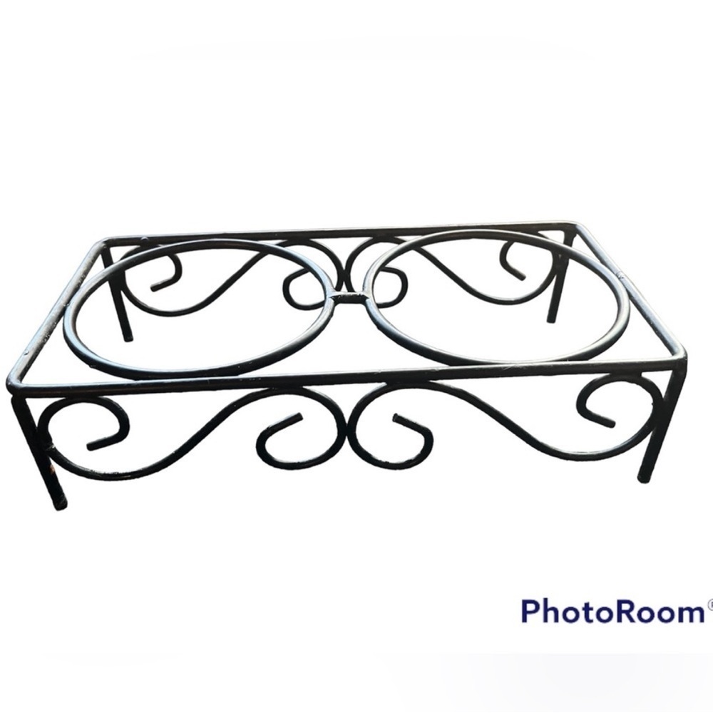 WROUGHT IRON scroll work hand crafted black 2 dog bowl stand feeder decor ergo
